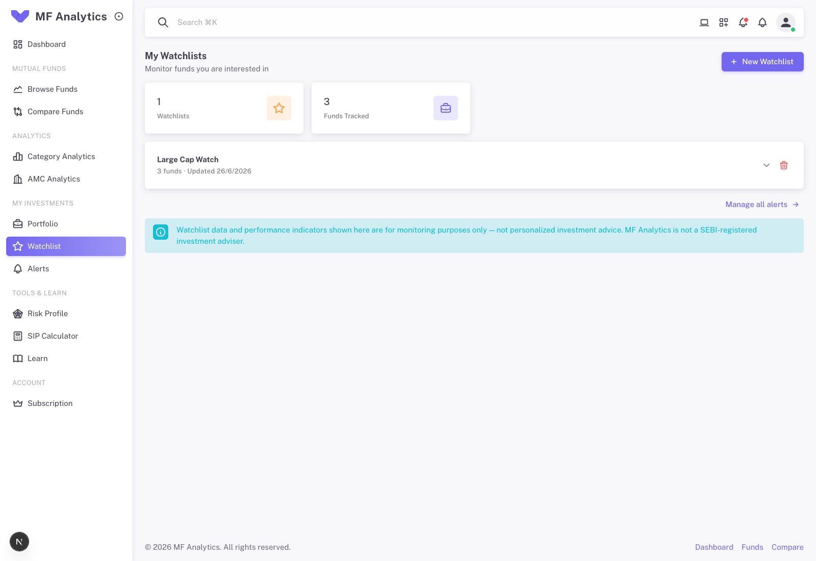 MF Analytics app showing fund win rate, quality score, and portfolio tools